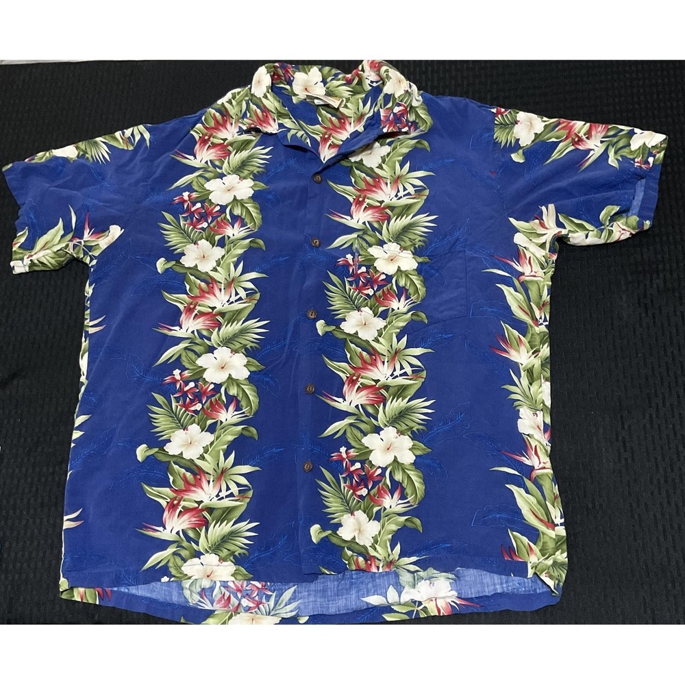 Winnie Fashions Shirt Mens Large Blue Hawaiian Floral Button Up Made in Hawaii